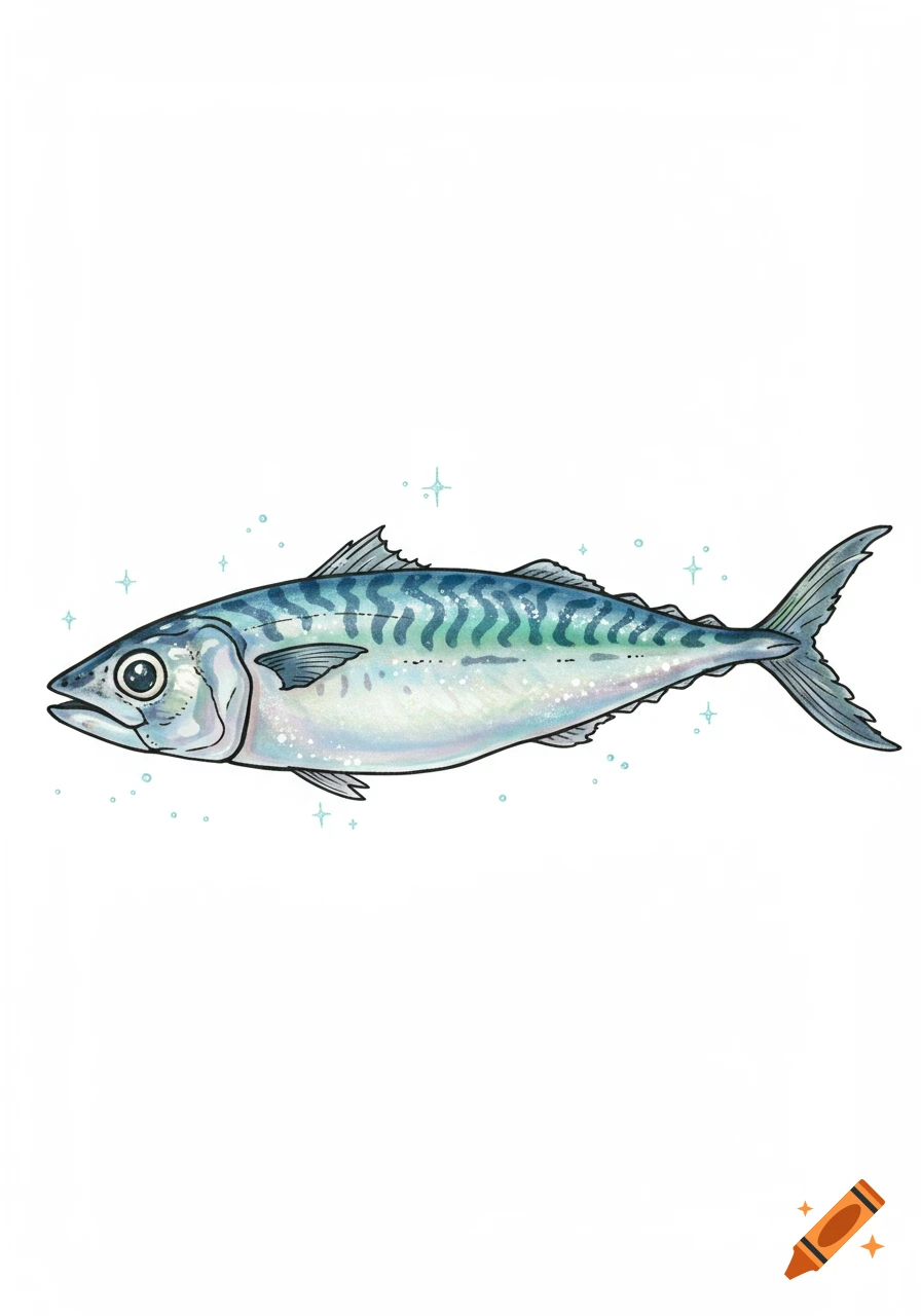 An illustration of a mackerel fish with blue and green striped markings, sparkling on a white background.