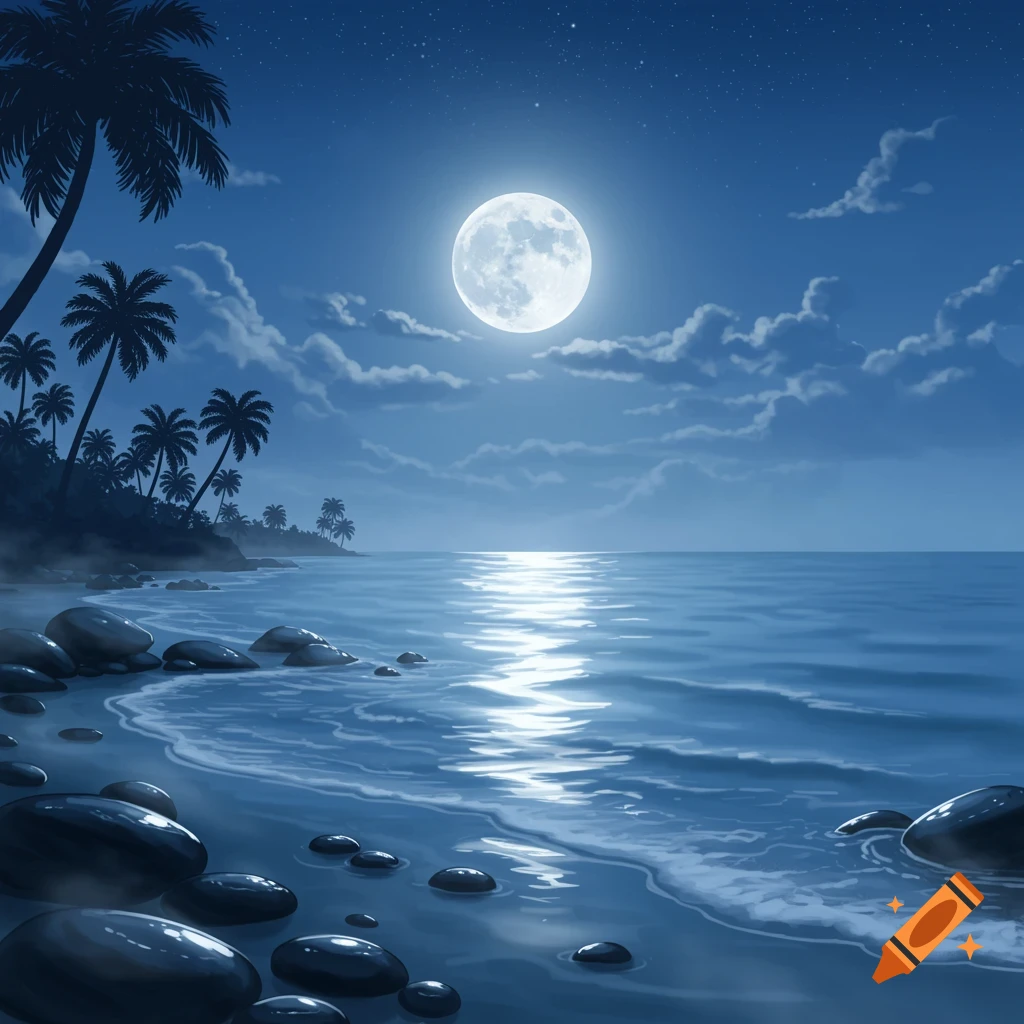 A serene full moon illuminates a tropical beach with palm tree silhouettes and rocks along the shoreline.