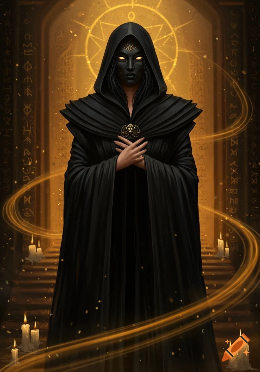 A mystical oracle in dark, voluminous robes and a black mask with glowing eyes stands in a golden, candle-lit chamber with ancient symbols.