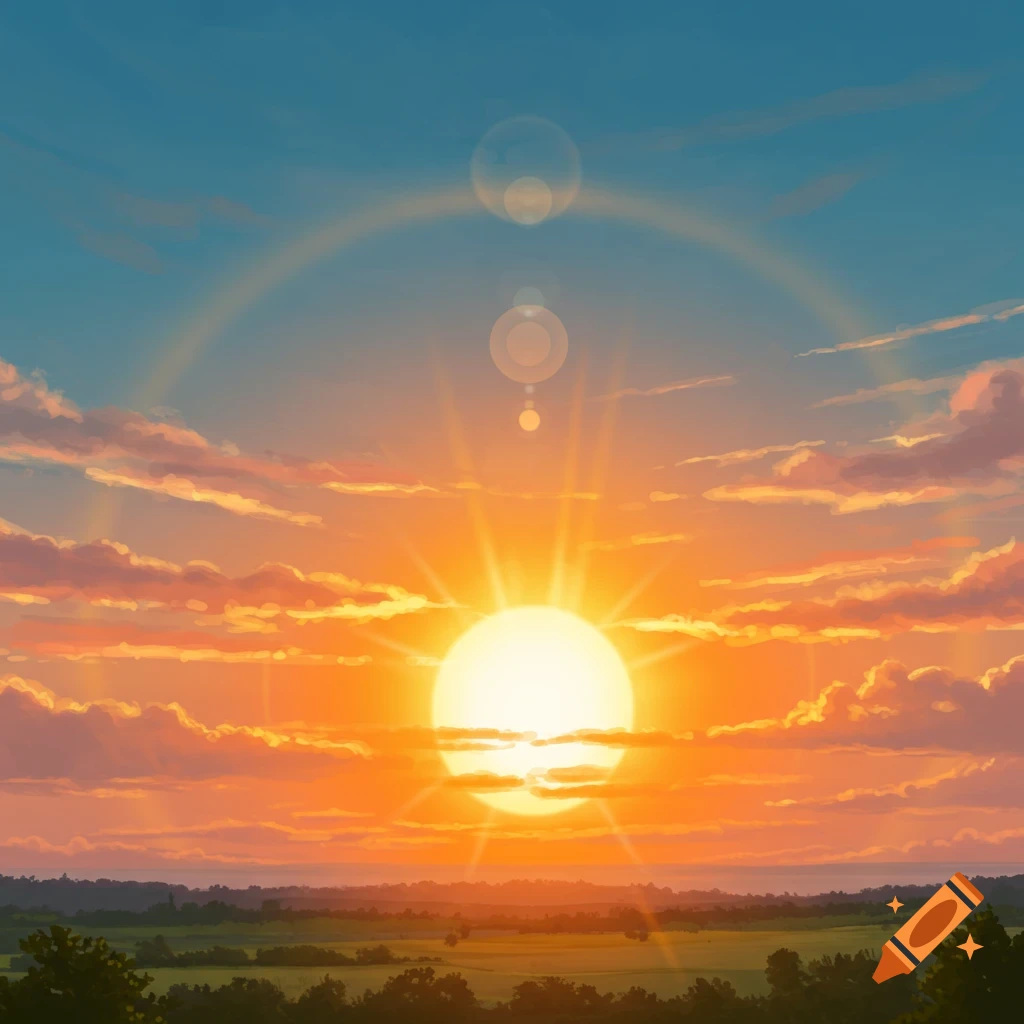 A vibrant sunset over a green field with rolling hills and a bright sun illuminating orange and pink clouds in a blue sky.