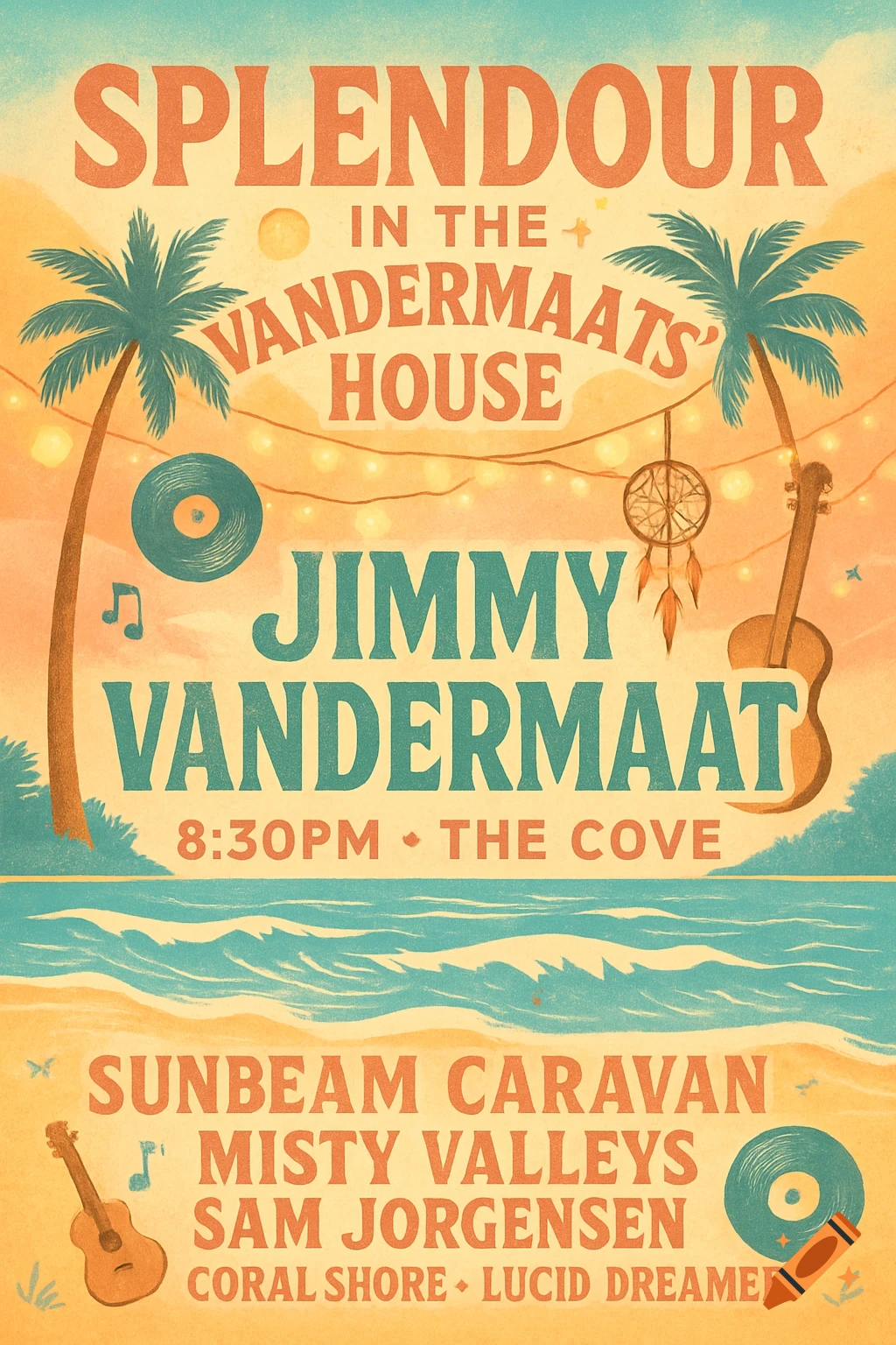 A vintage-style music festival poster with text "Splendour in the Vandermaats' House" and "Jimmy Vandermaat", featuring palm trees, a beach, and musical instruments.