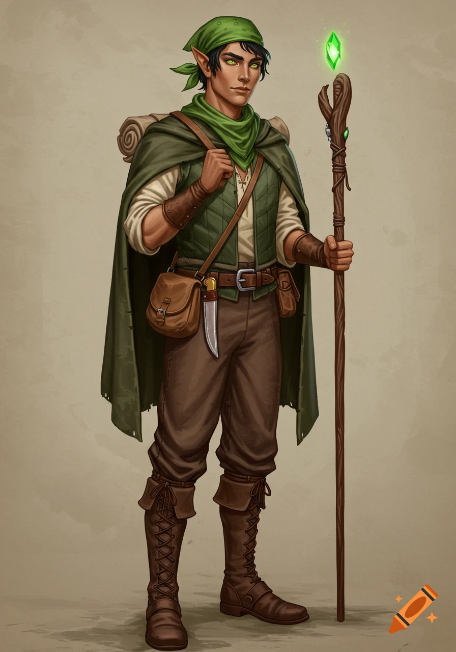 A full-body illustration of a half-elf man with green eyes, a green bandana, and a travel cloak, holding a staff.