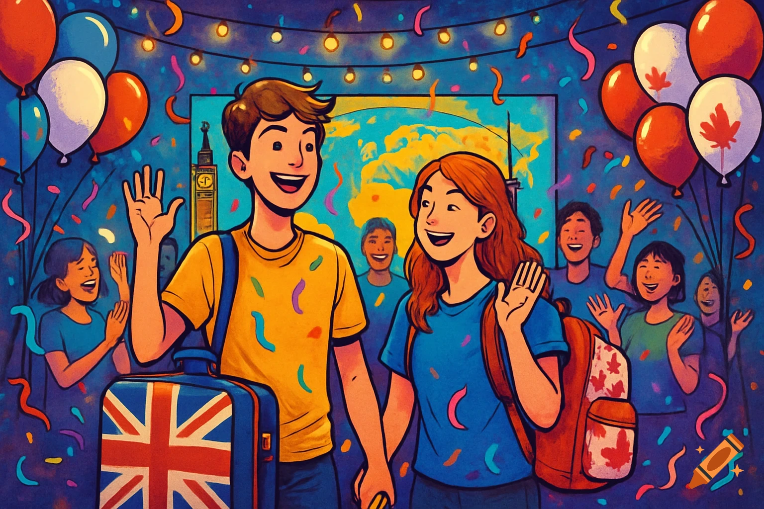A cartoon illustration of a lively farewell party. Two teenagers in the foreground, a boy in yellow and a girl in blue, smile and wave. A suitcase with a UK flag is visible. Behind them, other cheerful people wave, with a world map and a Big Ben-like tower in the background. Balloons with Canadian maple leaf symbols float on the right. Confetti fills the air.