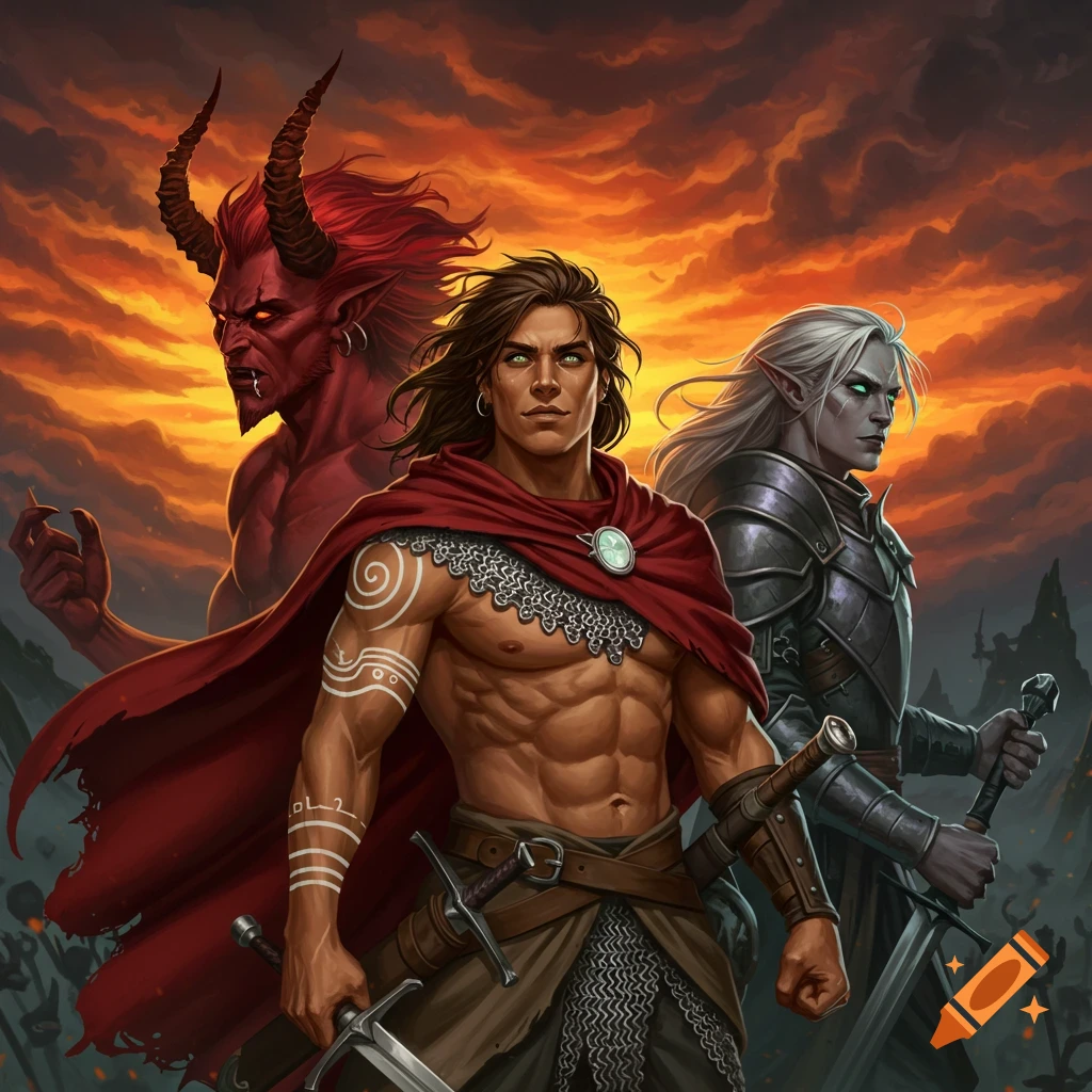 Three fantasy adventurers, a muscular human with white tattoos, a red-skinned demon, and a dark elf in armor, stand against a fiery sky.