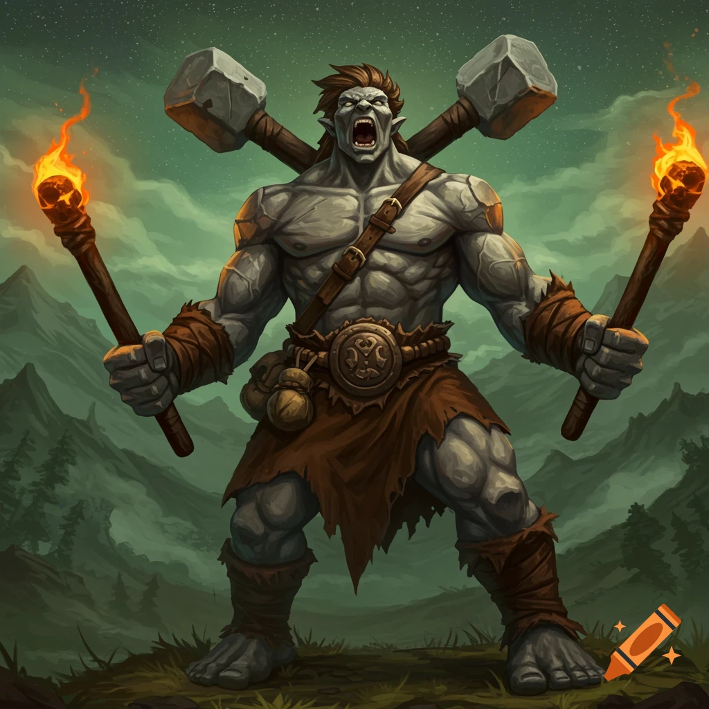 A muscular gray Earth Genasi barbarian yells, holding flaming torches and stone hammers in a misty fantasy landscape.