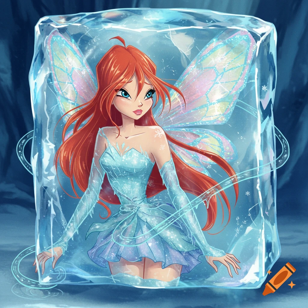 A red-haired fairy with blue eyes and iridescent wings, wearing an icy blue dress, is trapped within a large block of ice.