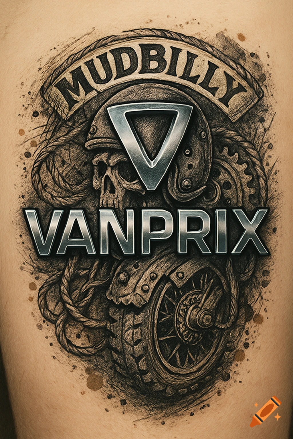 A detailed, gritty tattoo design featuring a skull in a helmet, a motorcycle wheel, and ropes, with the words "MUDBILLY" on a banner and "VANPRIX" in metallic letters.