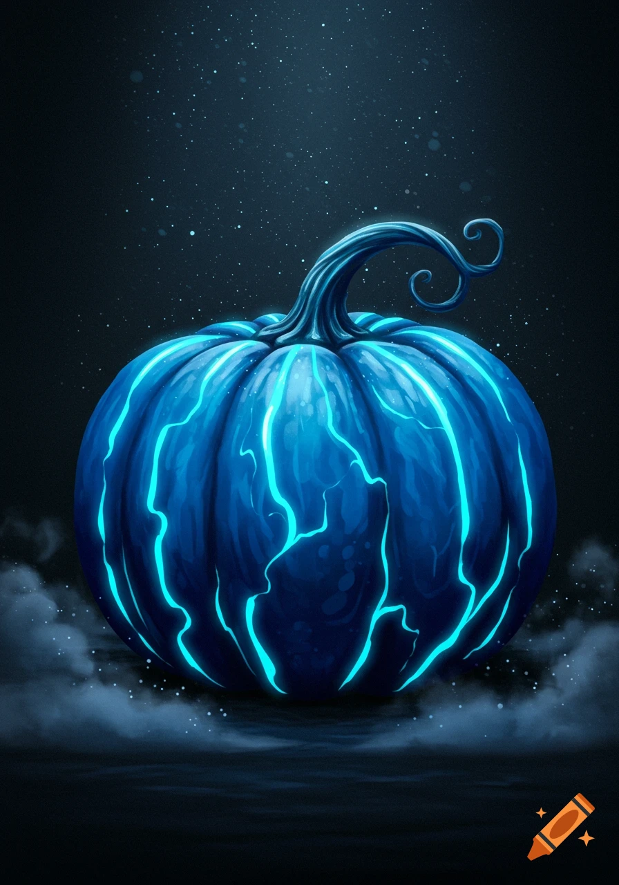 A vibrant blue pumpkin with glowing streaks sits on a misty ground under a dark, starry sky.