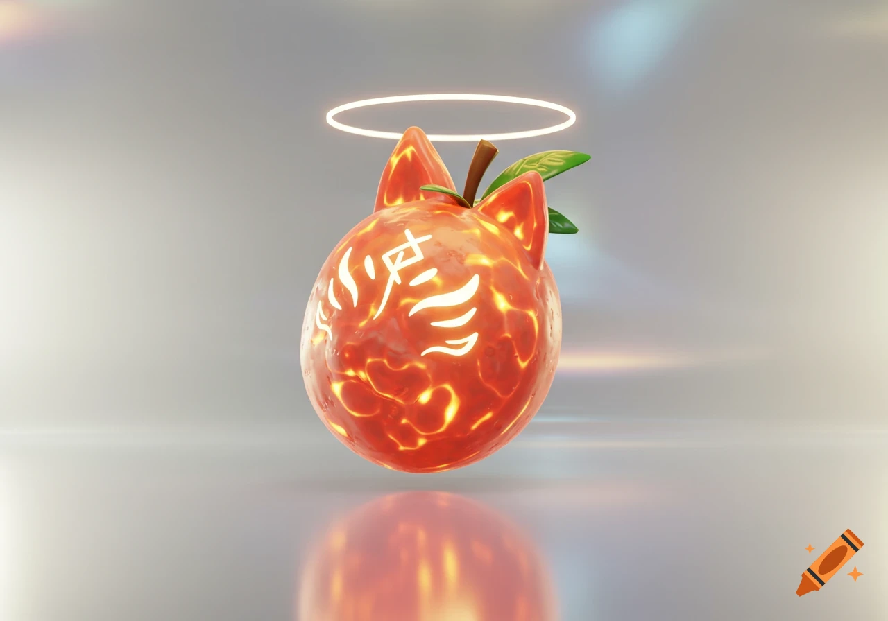 A glowing, orange, kitsune-eared fruit with stylized white markings and a halo floating above it, against a light grey background.