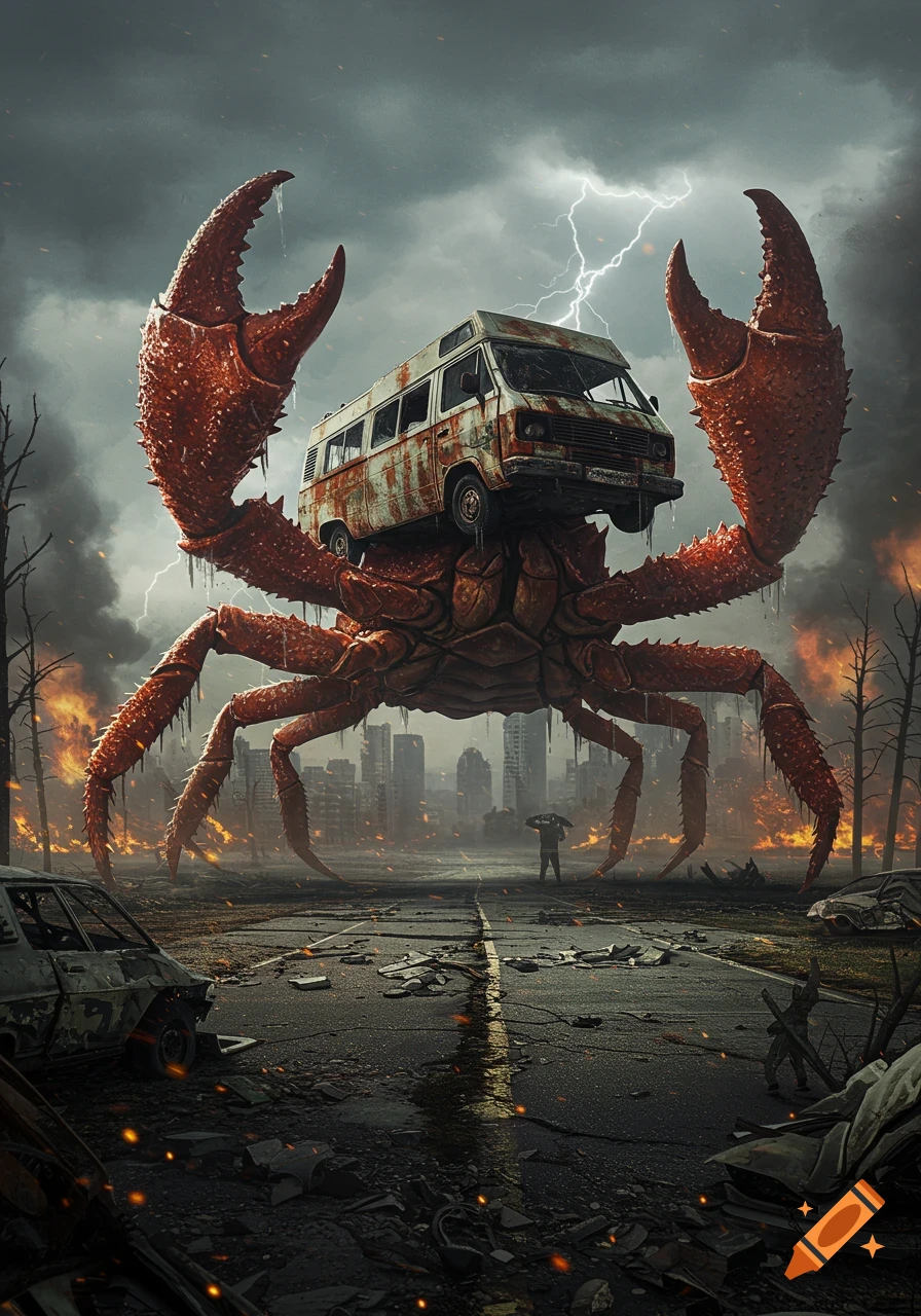 Giant crab monster holding a rusty van in a destroyed city under a stormy sky with lightning.
