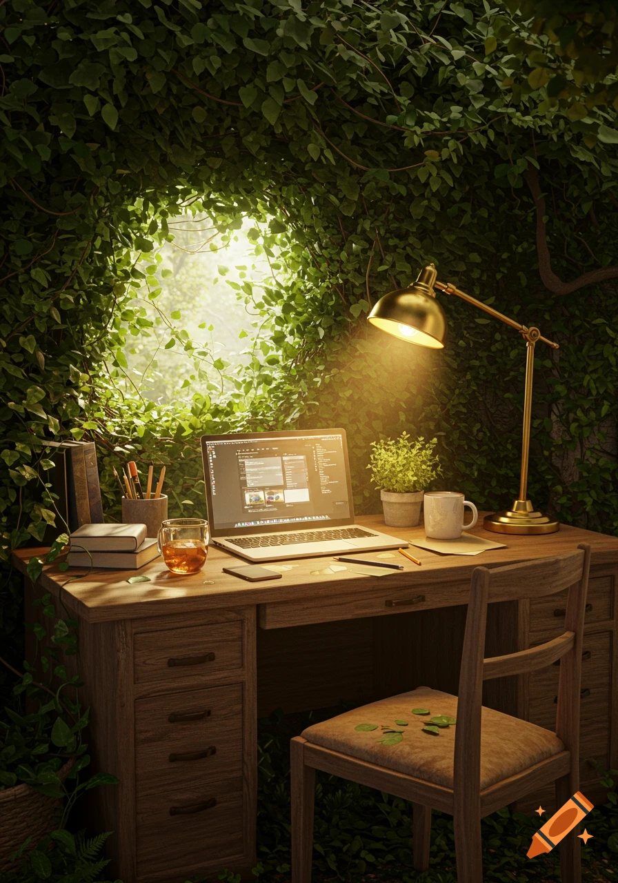 A photorealistic cozy home office desk under a lush green leaf canopy, lit by a warm golden lamp.