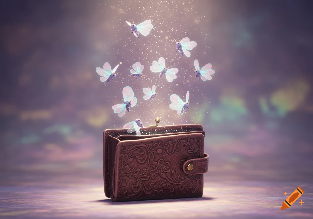 A brown, vintage-style wallet with embossed patterns is open, releasing several glowing, whimsical moths into a sparkling, purple-toned light.