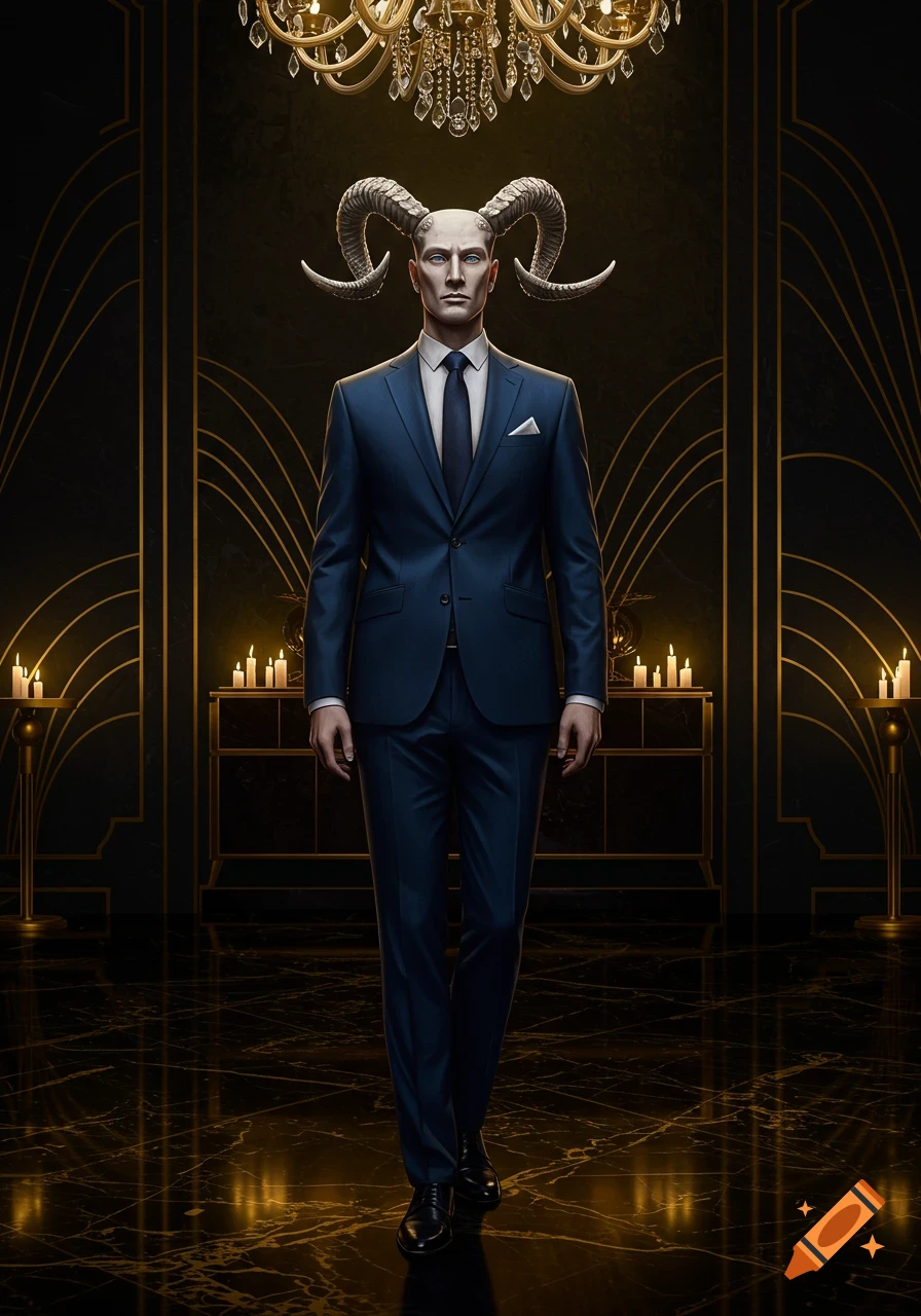 A tall man with large ram horns wears a dark blue suit in an elegant Art Deco room with a chandelier, candles, and a reflective floor. Photorealistic.