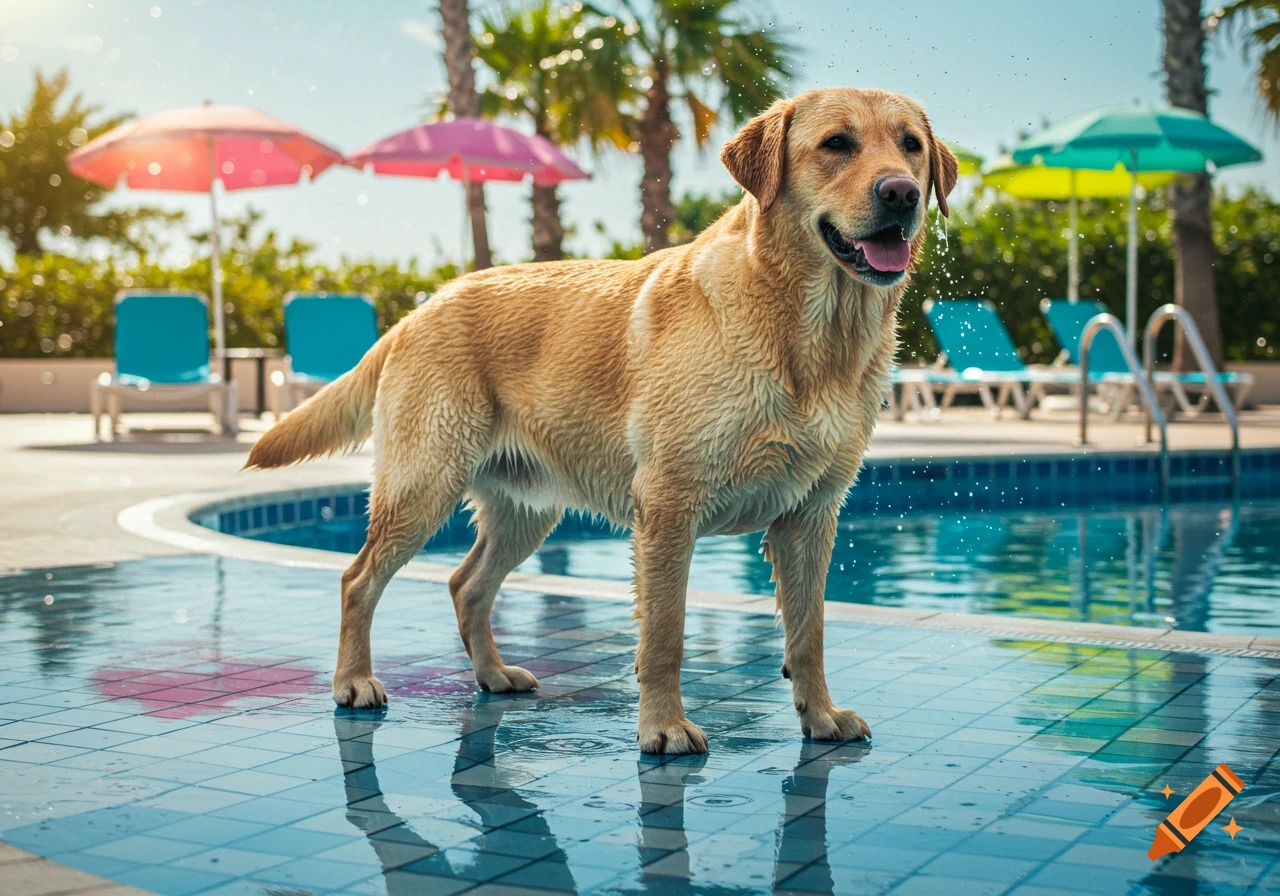 A wet golden labrador dog stands on the blue tiled edge of a swimming pool with palm trees and colorful umbrellas in the background.