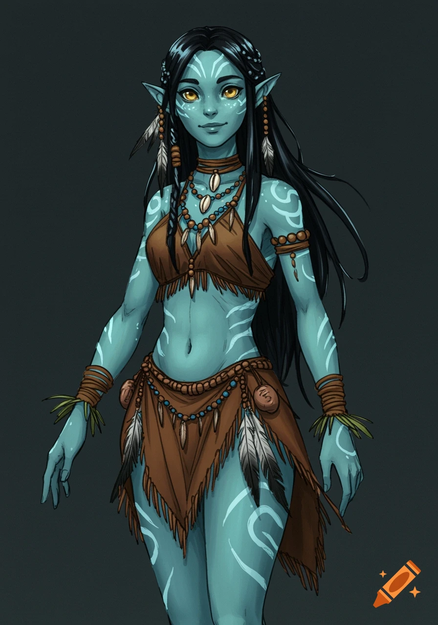 A turquoise-skinned fantasy woman with long black hair, pointed ears, and golden eyes wears tribal clothing with feathers and beads. Digital illustration.