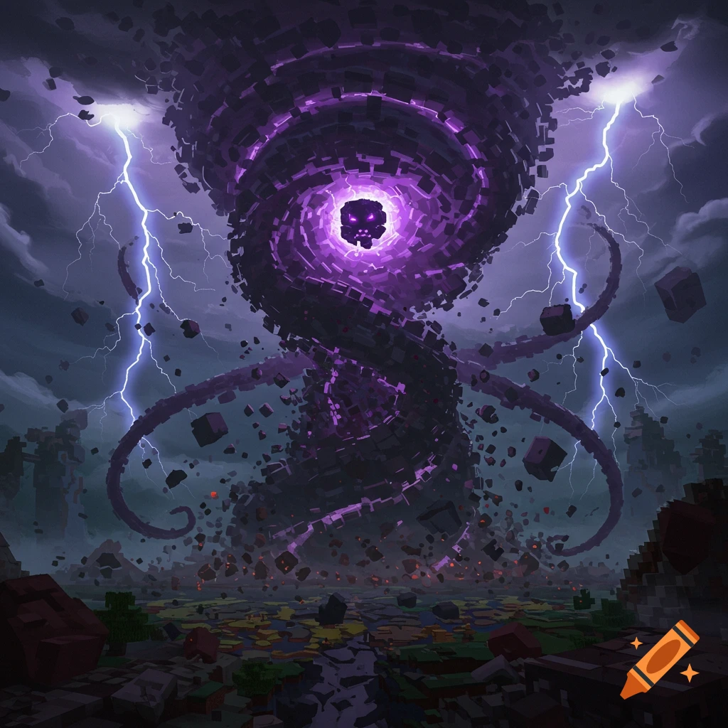A huge, blocky purple Wither Storm with glowing eyes swirls above a destroyed Minecraft landscape, illuminated by lightning.