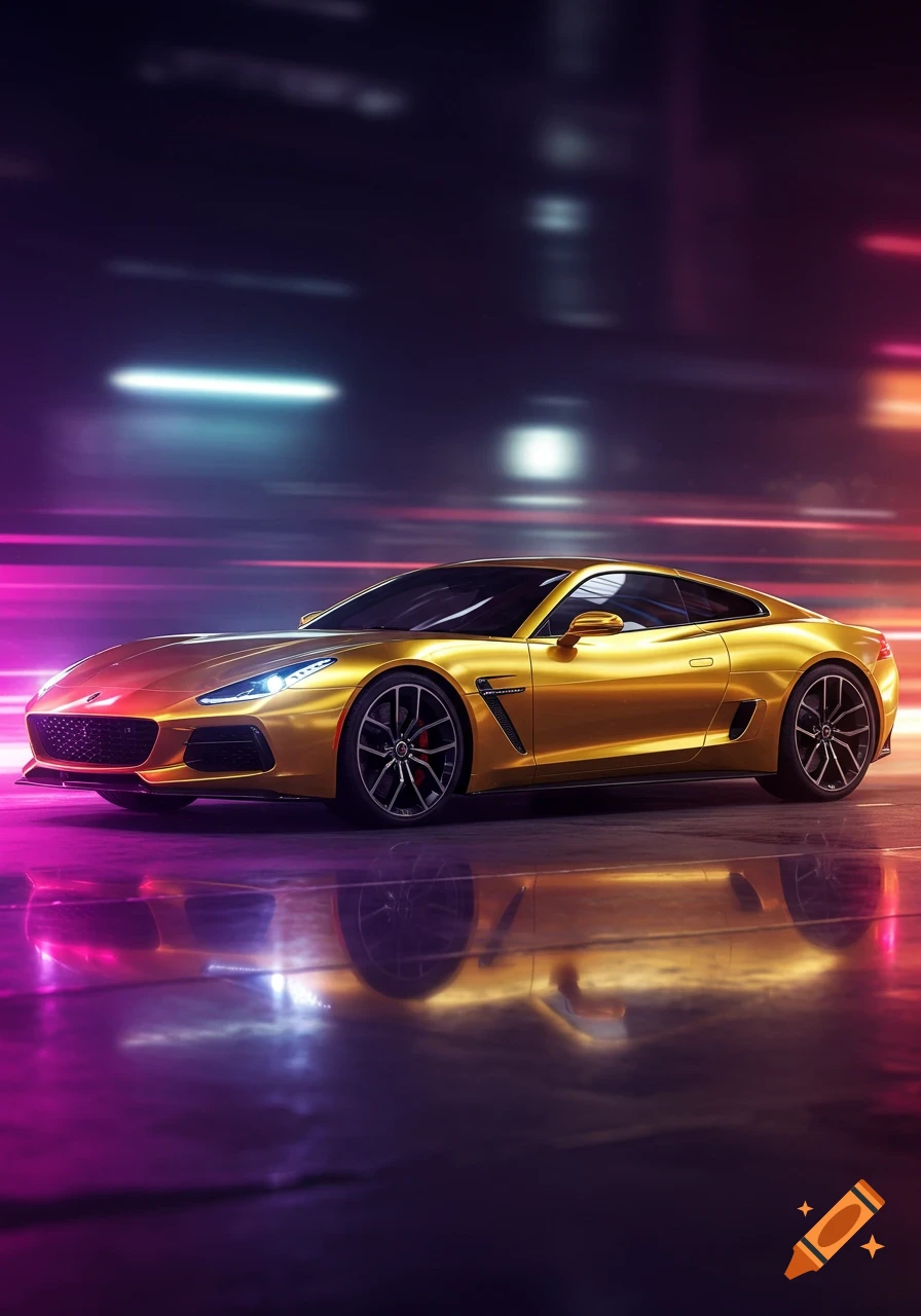 A photorealistic gold sports car with black wheels, parked in a dark setting illuminated by purple and pink neon lights reflecting on the wet ground.