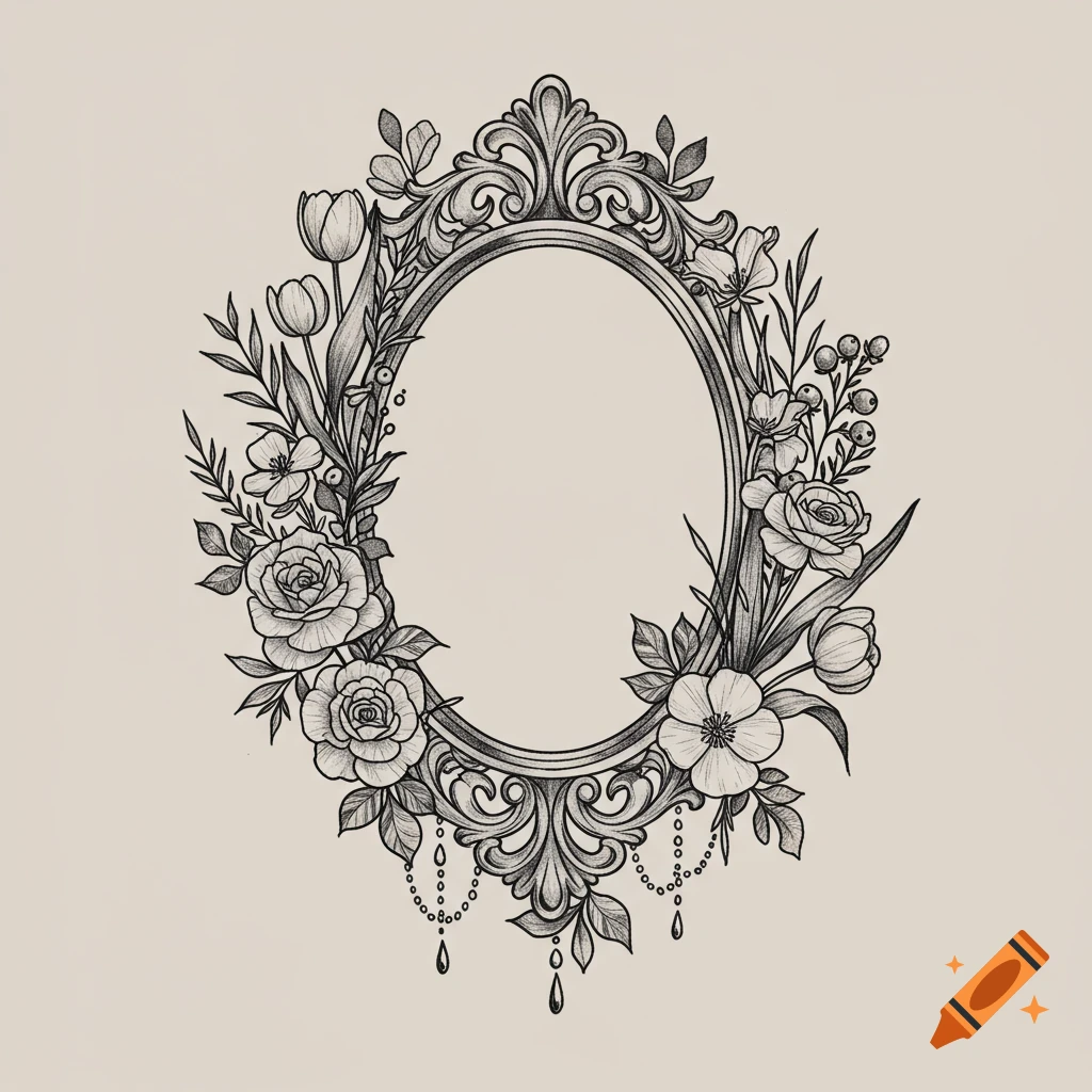 An ornate oval frame surrounded by detailed black and grey flowers and vines, in a sketch style.