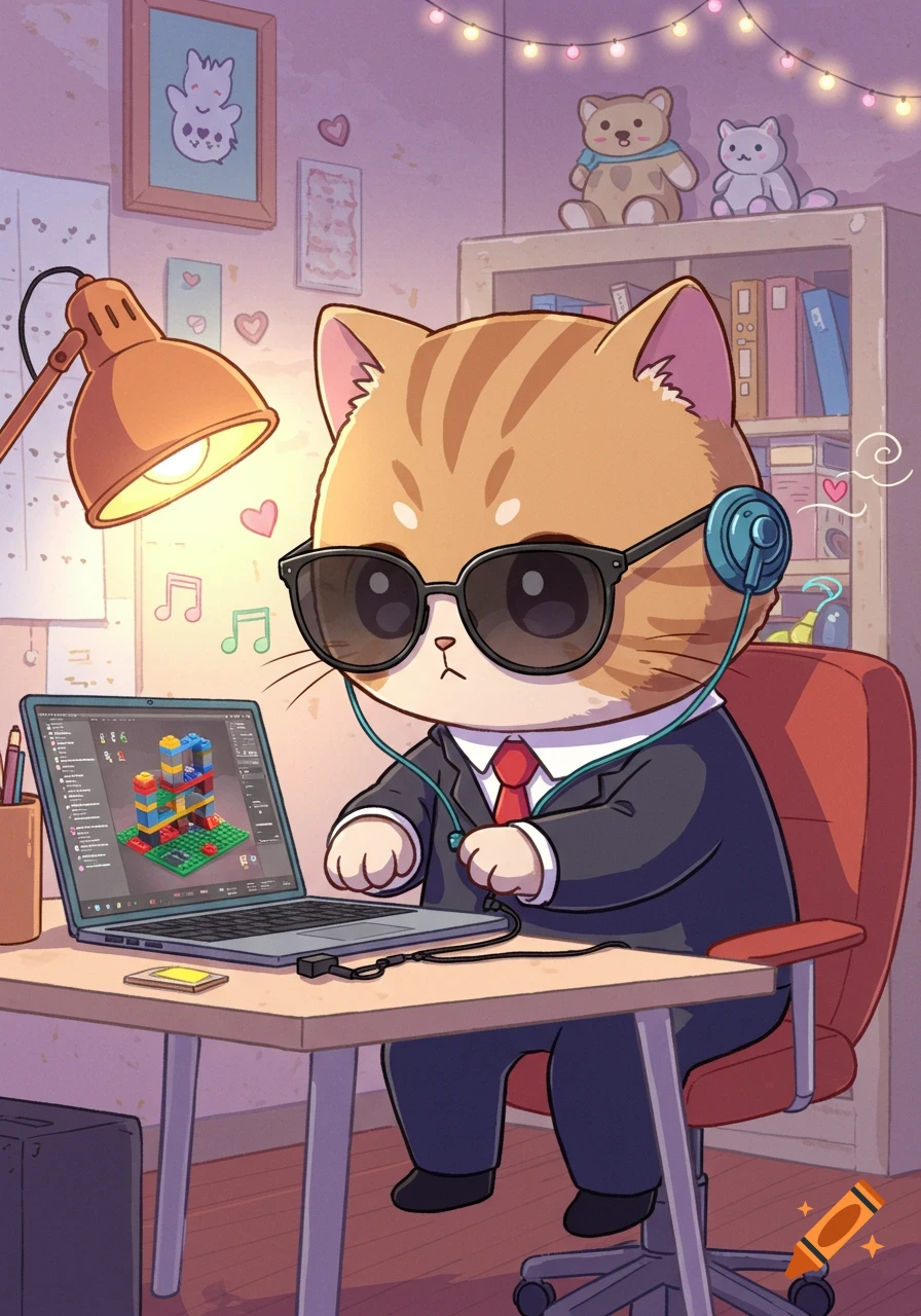 A kawaii cat in a suit and sunglasses sits at a desk, using a laptop to build a Lego structure, listening to music with headphones.