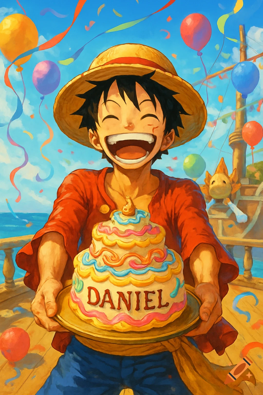 Luffy from One Piece, on a ship, happily holds a birthday cake with 'DANIEL' on it, surrounded by balloons and confetti in an anime style.