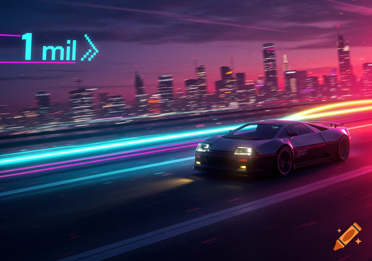 A dark sports car speeding on a neon-lit highway at night with a futuristic city skyline and '1 mil>' text.