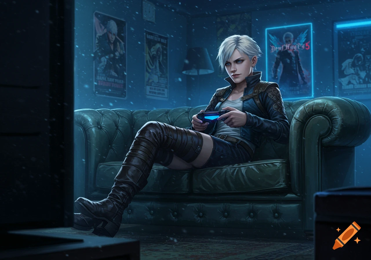A white-haired woman in a dark jacket and thigh-high boots sits on a green couch, playing a video game with a glowing blue controller. Posters are on the wall behind her, one showing "Devil May Cry 5."