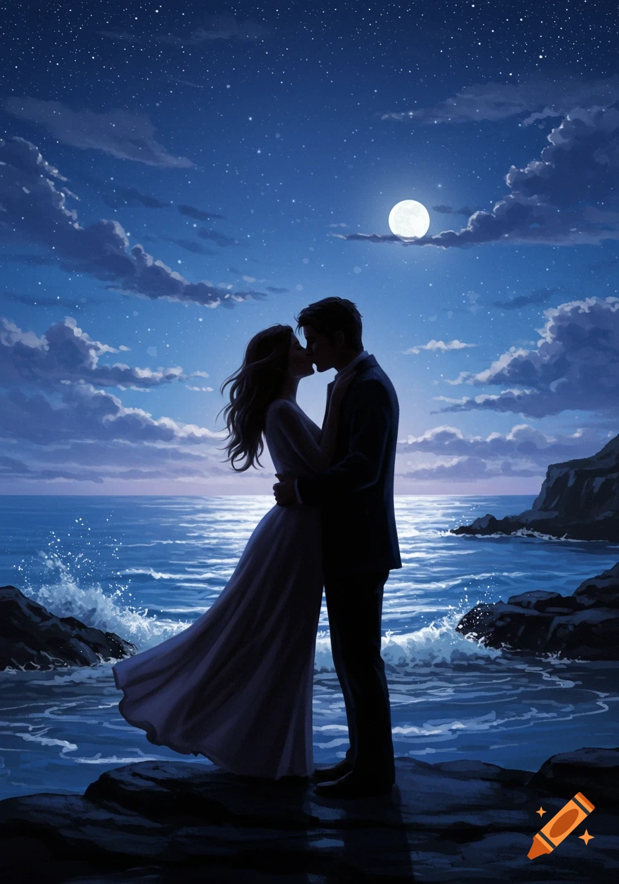 Illustration of a couple kissing on a rocky shore at night, silhouetted against a starry sky with a full moon and moonlit ocean.