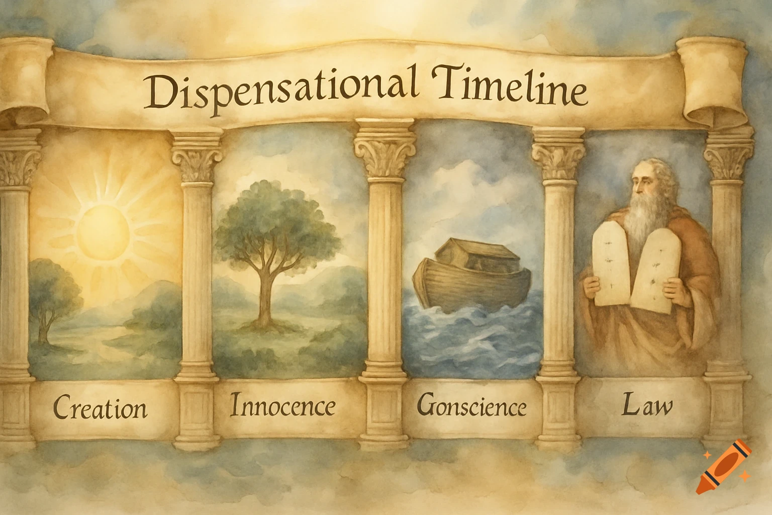 Watercolor illustration of a dispensational timeline with scenes of creation, a tree, Noah's ark, and Moses holding tablets.