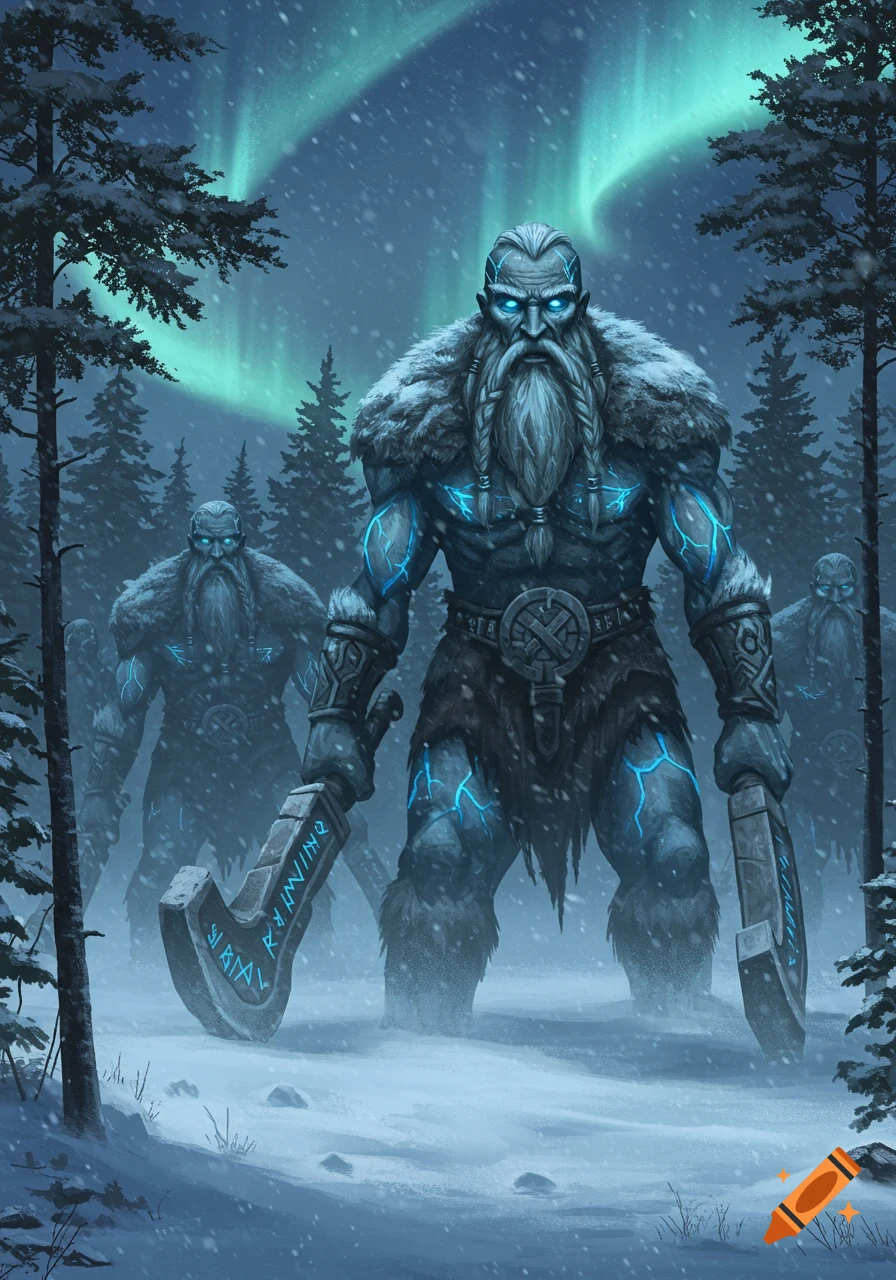 Fantasy illustration of giant, ice-covered, glowing-eyed figures carrying large weapons in a snowy forest under the northern lights.