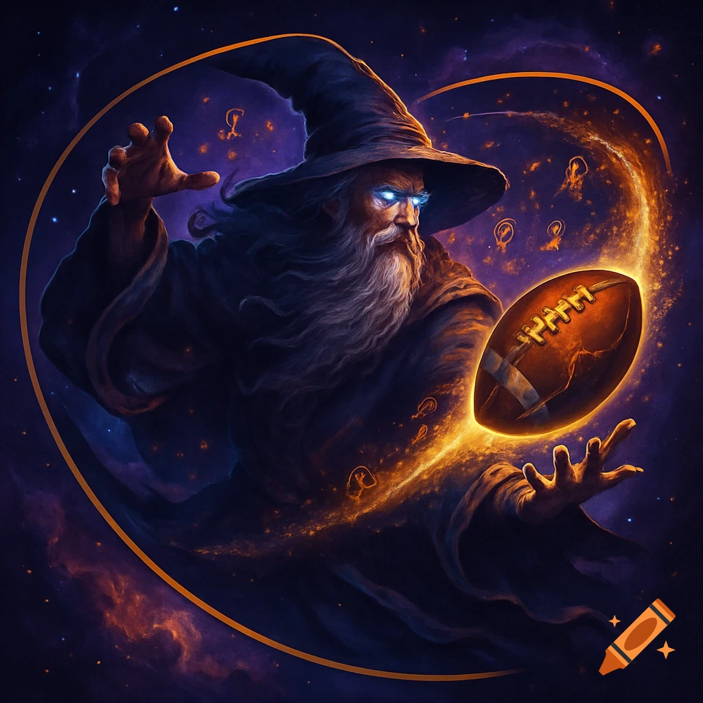 A powerful wizard with glowing eyes and a long white beard manipulating a glowing American football with magic in a cosmic, starry setting, digital art.