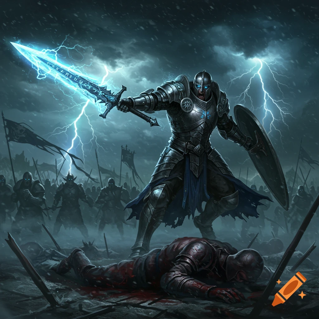 A fully armored fantasy warrior with a glowing sword stands over a defeated enemy on a stormy battlefield.