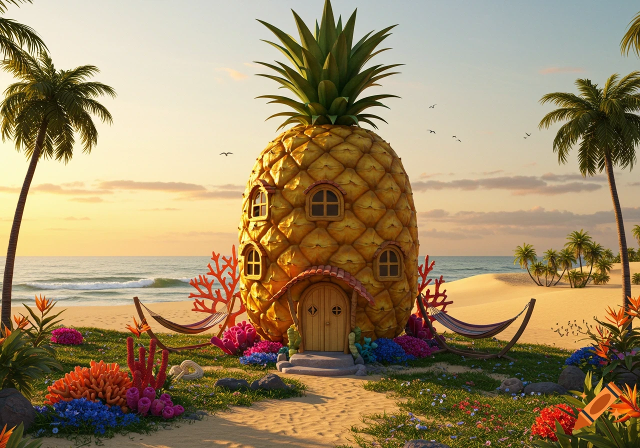 A whimsical pineapple-shaped house on a sandy beach at sunset, with palm trees, hammocks, and colorful coral.