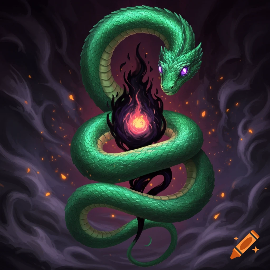 A vibrant green serpent with glowing purple eyes coiled around a core of black and orange magical flame, against a dark smoky background with embers.