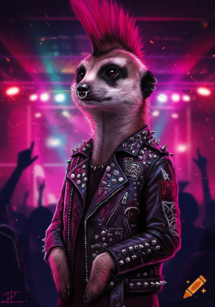 A photorealistic meerkat with a pink mohawk, nose ring, and spiked leather jacket stands at a punk rock concert.