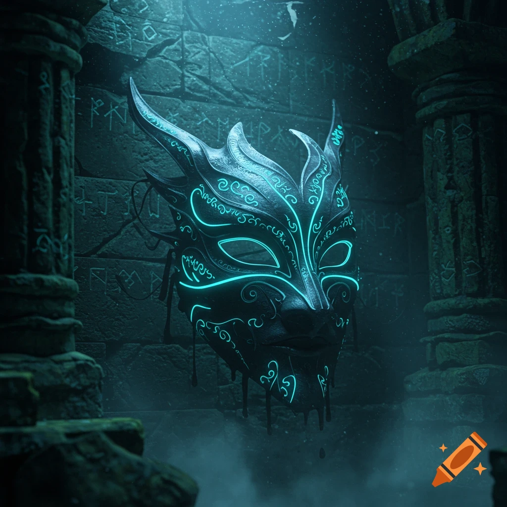 A glowing, black, ornate mask with intricate cyan patterns hangs in a dark, ancient-looking stone chamber, lit by an ethereal blue light.