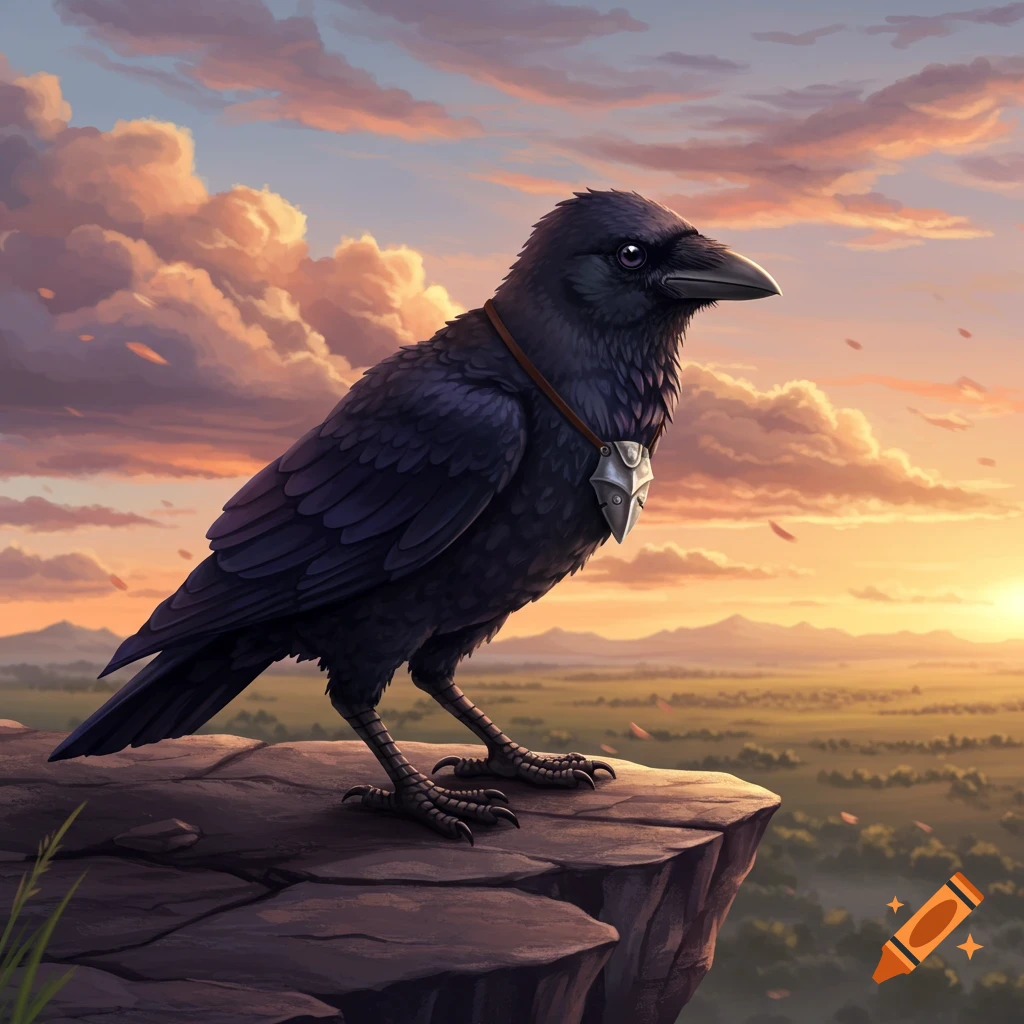 A black crow wearing a silver medallion stands on a cliff, overlooking a sunset landscape with orange clouds.