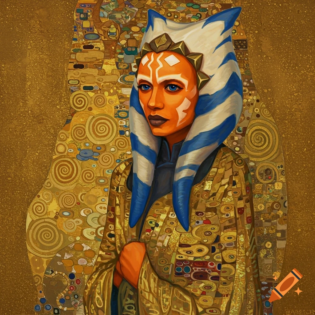 A gilded Gustav Klimt style painting of Ahsoka Tano in a golden, ornate cloak against a gold patterned background.