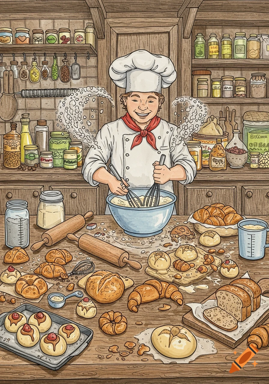 A happy chef wearing a tall white hat and red scarf, mixing ingredients in a blue bowl. The wooden counter is covered with various freshly baked breads, pastries, and baking tools. Shelves filled with jars and bottles line the wooden wall in this detailed coloring book style illustration.