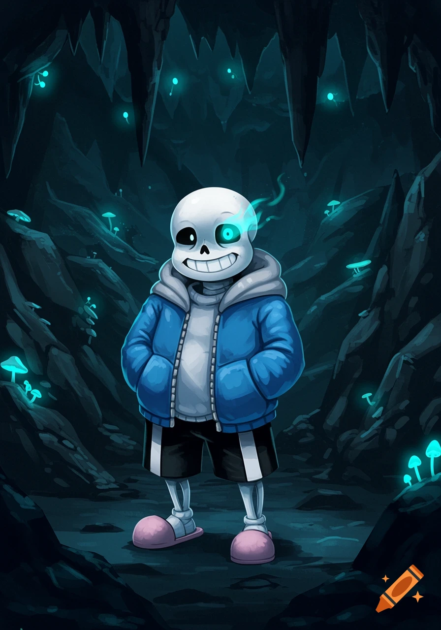 Sans from Undertale stands smiling in a dark cave illuminated by glowing blue mushrooms.