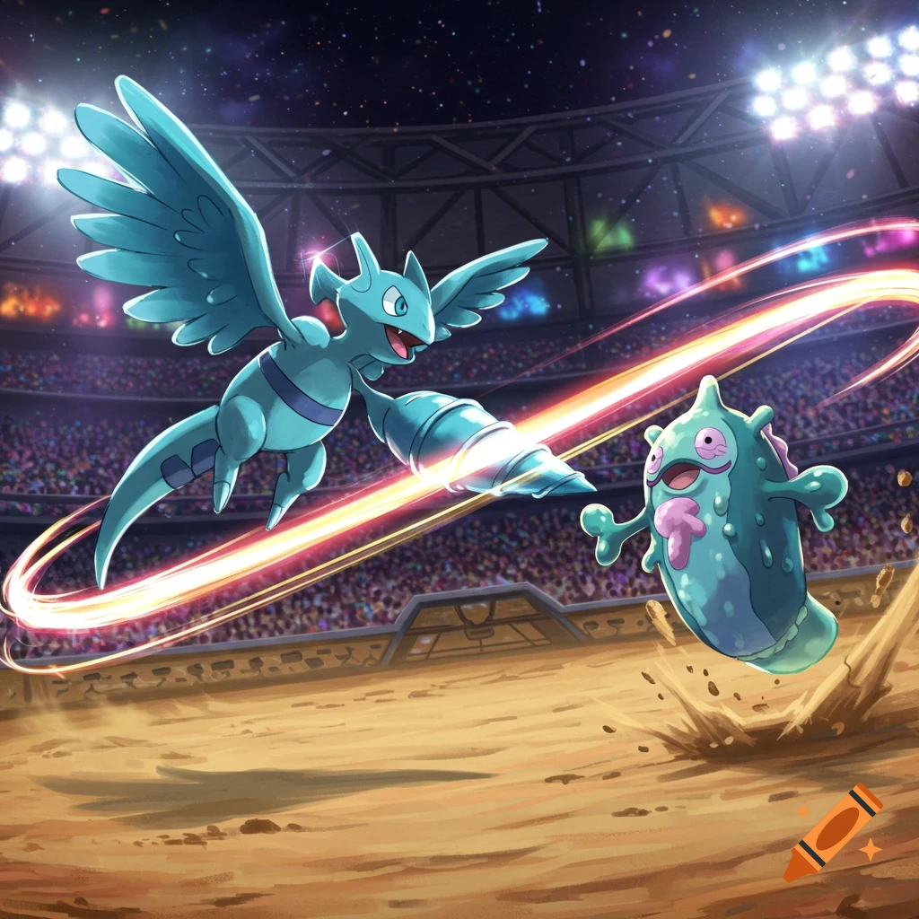 A blue winged creature with a drill-like arm attacking a green, blob-like monster in a stadium battle, bright energy trails.