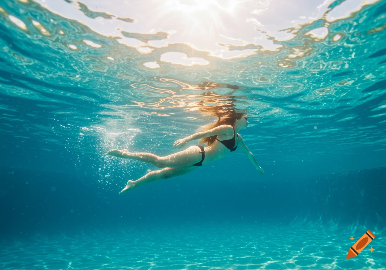 A woman in a black bikini swims gracefully underwater in a bright blue pool, with sunlight shimmering from the surface above.