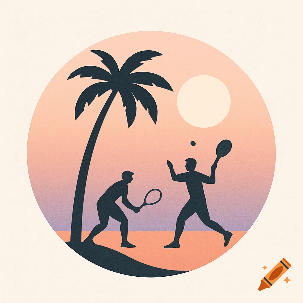 A minimalist circular logo with silhouettes of two people playing tennis under a palm tree against a sunset background.
