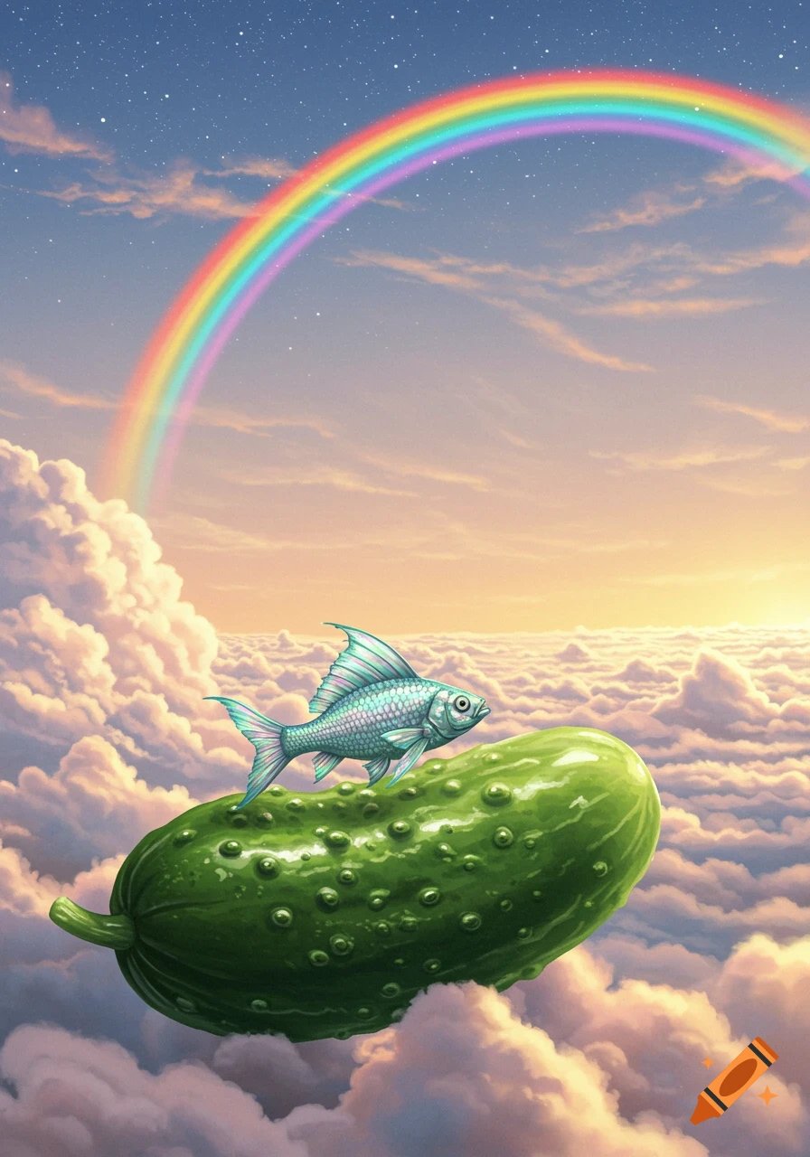 A stylized fish rides a large green pickle through a cloudy sky, under a vibrant rainbow and starry sunset.
