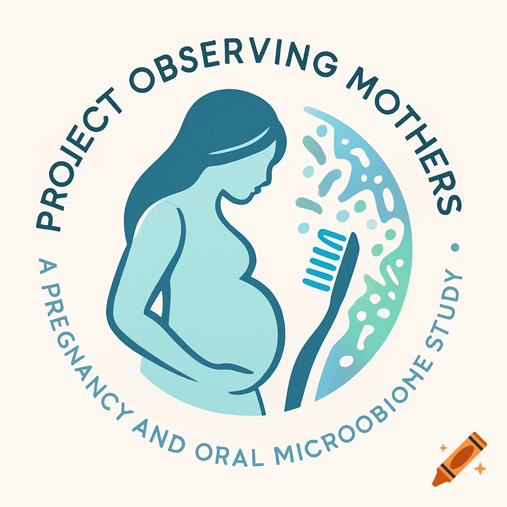 Logo of a pregnant woman silhouette and a toothbrush, with text 'Project Observing Mothers, A Pregnancy and Oral Microbiome Study'.