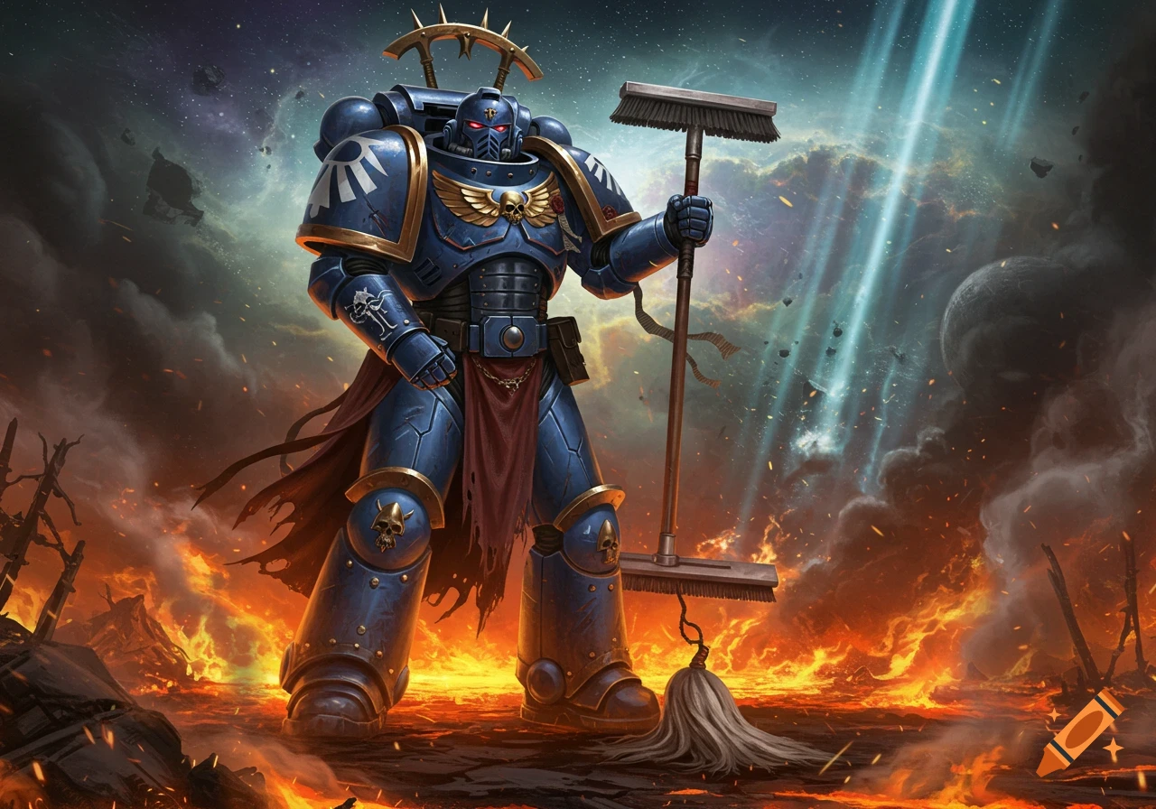 A heavily armored blue and gold Space Marine stands amidst a fiery, ruined landscape under a cosmic sky, holding a broom in one hand and a mop in the other.
