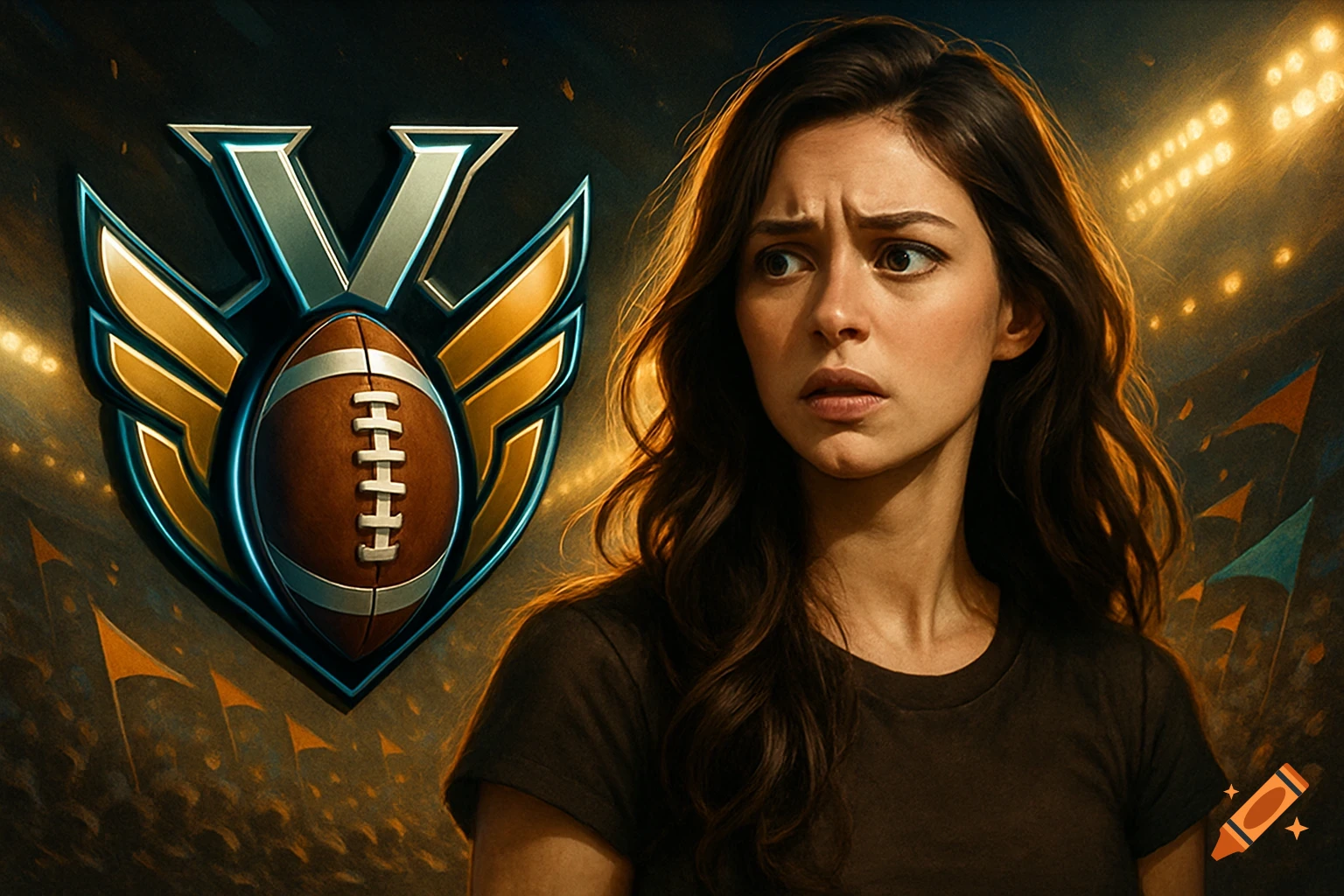 A bewildered woman in a brown shirt next to a football logo with a "V" and wings, set against a stadium background with bright lights.