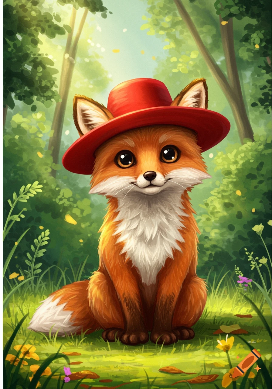 A cute, cartoonish fox wearing a red hat sits in a sunlit forest clearing, surrounded by green foliage and small flowers.