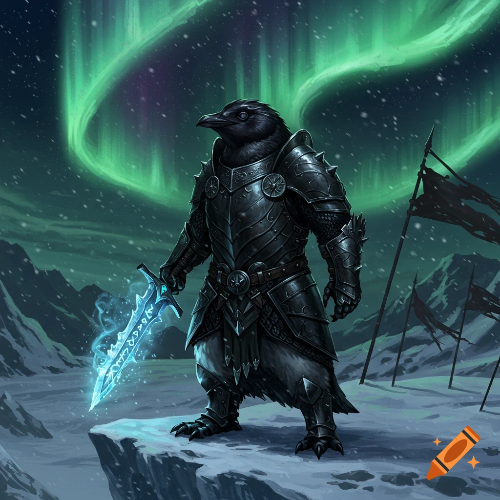 A crow-headed warrior in dark armor holds a glowing blue sword in a snowy landscape under a green aurora.