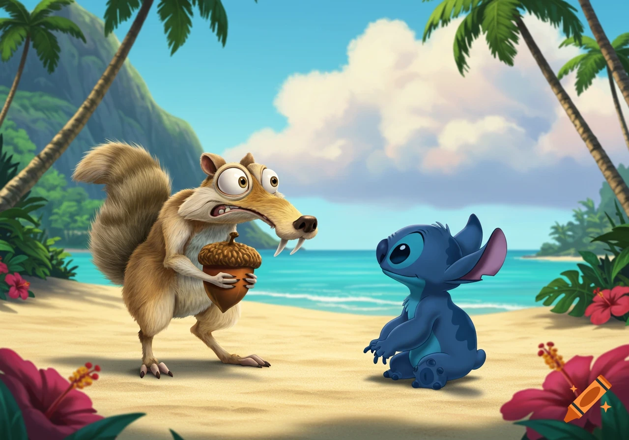 Scrat from Ice Age holds an acorn, looking surprised at Stitch from Lilo & Stitch, who sits on a sunny tropical beach.