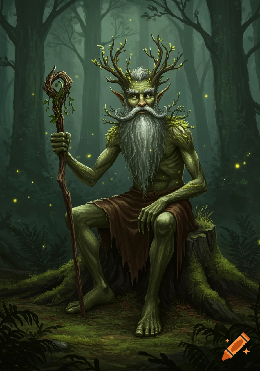 A green-skinned forest spirit with a long white beard, antlers, and pointed ears sits on a tree stump, holding a staff, in a dark, mystical forest with glowing fireflies.